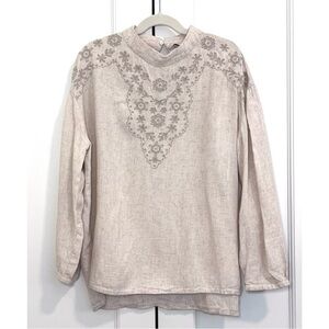 Zara Embroidered Linen Long Sleeve Top in Cream / Light Tan - Size XS